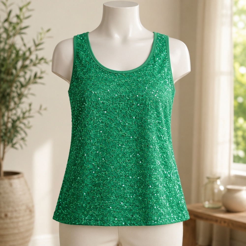 Isaac Mizrahi Live! Sequin Sleeveless Top Womens XS Green Scoop Neck Sparkle